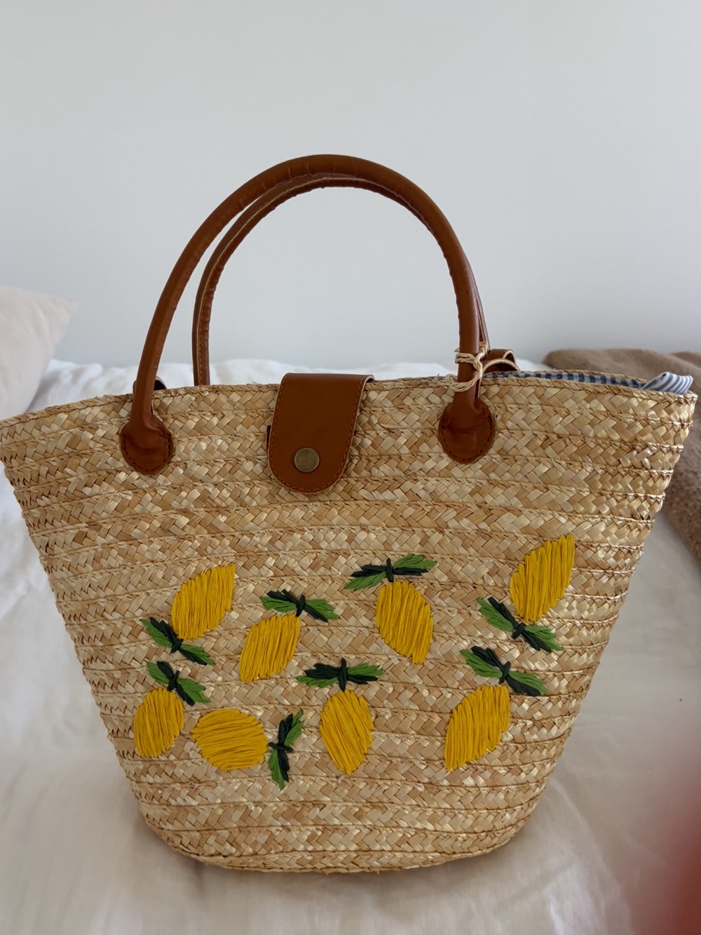 Woven Straw Lemon Tote Bag with Brown Handles